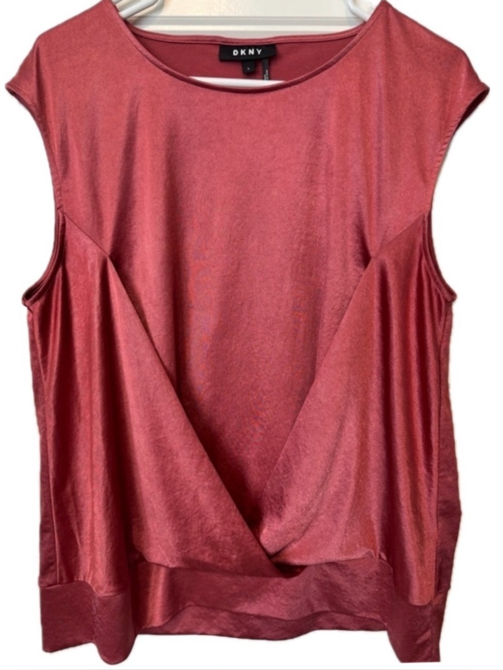 🏷️3/$30 DKNY Satin Look Overlap Blouse Cap Sleeve Top Rose Pink Size Large